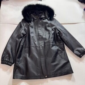 ALANNI Coat Womens Large Black Leather Hooded Fur Trim Insulated Parka Pockets